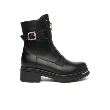 NeroGiardini Front Zip Buckle Strap Boot - Black Gold Leather